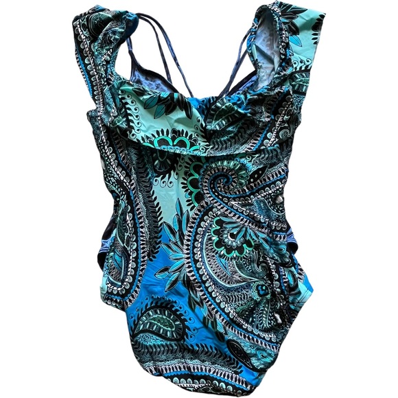 Jantzen blue off shoulder one pc paisley pattern bathing suit sz 10 - Picture 2 of 5